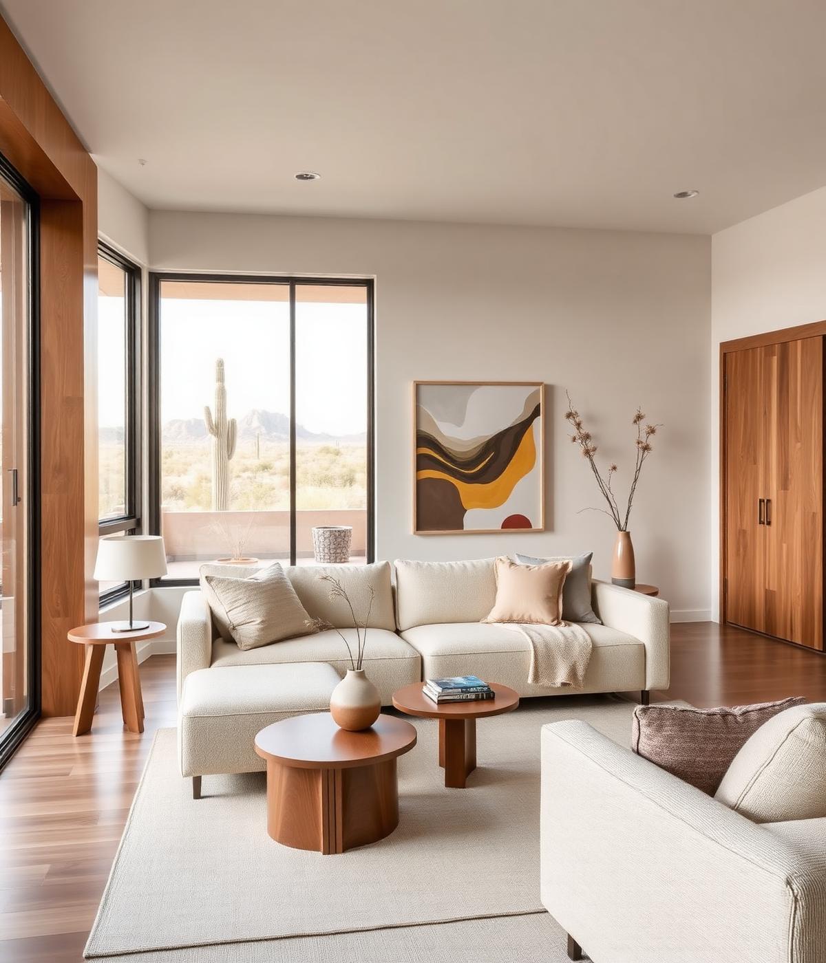 Modern desert-inspired living room in a Veloura Suites residence